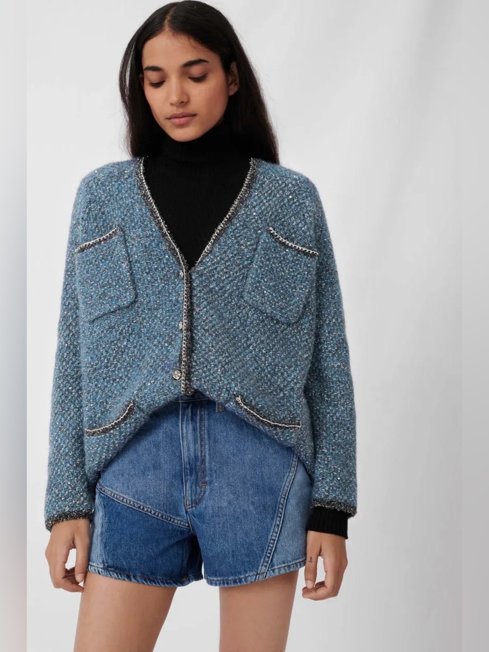$375 MAJE Blue Miso Chain Tweed Lurex Cardigan, Size 3 (FR 40)
